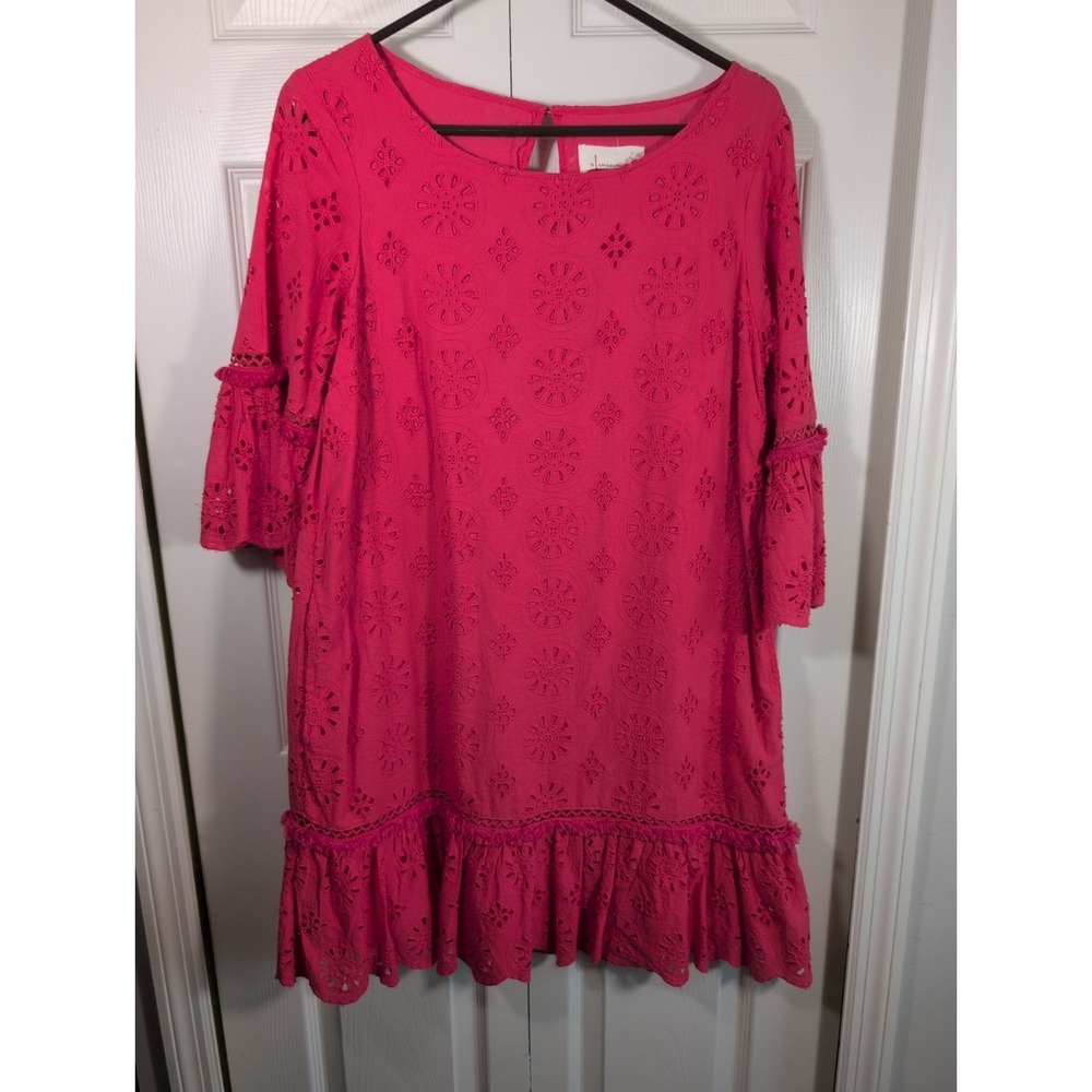 Anthropology Eyelet Scallop Tired Ruffle Party Flare Bead Sleeve Dress Women's 8